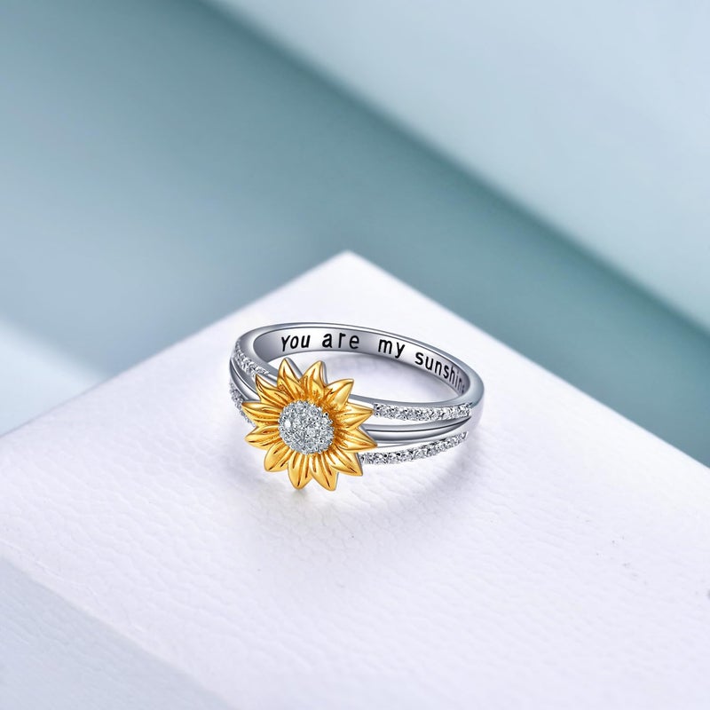 YFN Sterling Silver You are My Sunshine Sunflower Statement Ring with Cubic Zirconial Band Gifts (7) - Image 2